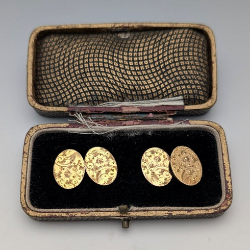 英國復古花卉金色橢圓形袖扣